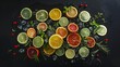 Flat lay arrangement of colorful citrus slices fruit juices lemongrass herbs and spices on dark background Ingredients for homemade tonic water for cocktails : Generative AI