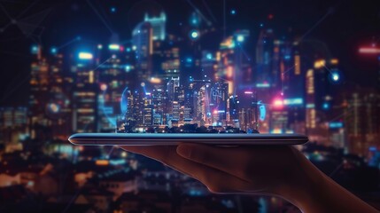 Wall Mural - waiter’s hand presenting digital tablet against smart city backdrop with iot and augmented reality i