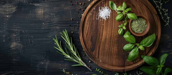 Wall Mural - Top view of a dark wooden background with a round wooden plate holding herbs and salt.