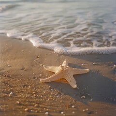 Poster - A starfish is laying on the sand at the beach. The starfish is surrounded by the ocean waves, and the water is foamy. The scene is peaceful and serene, with the starfish being the only object in focus