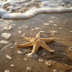 Fototapete - A starfish is laying on the sand near the water. The image has a calm and peaceful mood, as the starfish is not moving and is resting on the sand