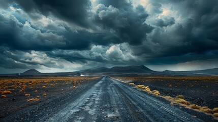 Wall Mural - A desolate road with a stormy sky above. The clouds are dark and ominous, and the road is wet and slippery. Scene is tense and foreboding, as if something ominous is about to happen