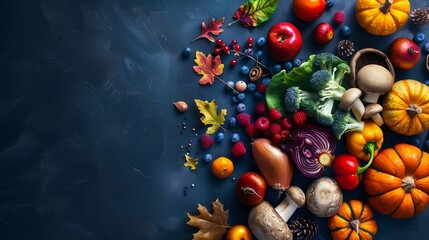 Wall Mural - Fall food ingredients on dark blue background Flatlay of autumn vegetables berries and mushrooms from local market Vegan ingredients : Generative AI