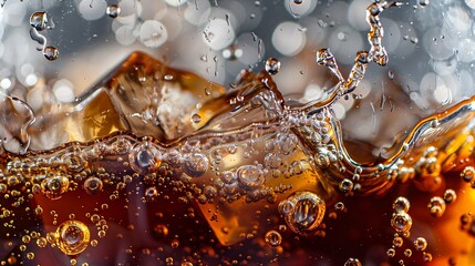 Leinwandbilder - Cola with Ice Close up of the ice cubes in cola water Texture of carbonate drink with bubbles in glass Cola soda and ice splashing fizzing or floating up to top of surface Cold drink b : Generative AI