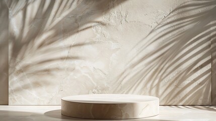 Poster - Travertine stone display flat lay podium on travertine stone background and palm shadow Product promotion Beauty cosmetic showcase : Generative AI