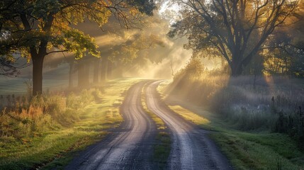 Wall Mural - a road with trees in the background and the sun shining on it. the road is empty and peaceful