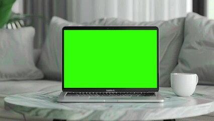 Canvas Print - Laptop with blank green screen in office interior. Smooth camera movement around object with bokeh background. Home interior or office, 4k 24fps UHD