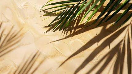 Aufkleber - Top view of green tropical leaf shadow on sand color background Flat lay Minimal summer concept with palm tree leaf Creative copyspace : Generative AI