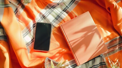 Leinwandbilder - Flat lay of cellphone on blanket plaid with notebooks Blank copy space mockup template screen display Flatlay top view social media web blog app concept : Generative AI