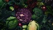 Winter vegetables high in antioxidants minerals and vitamins greens broccoli brussels sprouts red cabbage and kale Flat lay Garden food concept Agricultural products Top view Dark back : Generative AI