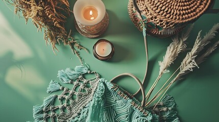 Wall Mural - Flat lay aesthetic feminine workspace with macrame handbag candle dried flowers on green background Top view cozy home bohemian woman office desk table Autumn fall concept : Generative AI