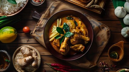 Gulai tunjang or cow feet curry also called gulai kikil flat lay photo perfect for recipe article catalogue or any cooking contents traditional cuisine from West Sumatra Indonesia : Generative AI