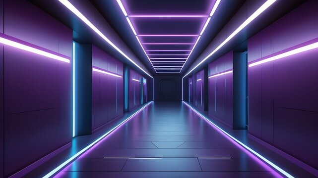 illustration of abstract background of futuristic corridor with purple and blue neon lights
