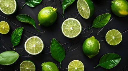 Poster - Group lime with sliced and green leaf on black dark background  top view  flat lay : Generative AI