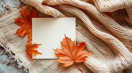 Aufkleber - Blank paper card mock up fall leaves on a neutral beige and bright ginger orange knitted textile background aesthetic autumn wedding invitation business brand design template flat lay : Generative AI