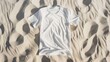 © Generative AI - Mockup white not wrinkled summer tshirt shopper copy space Sand beach texture background Blank template woman man shirt Top view Summertime accessories Flatlay closeup tshirt Beachtime : Generative AI