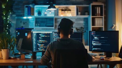 Wall Mural - dedicated web developer engrossed in programming on multiple monitors amidst high-tech office enviro