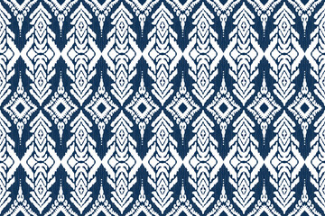  Seamless pattern. ikat, hand drawing ethnic white and blue color, Abstract ogee textured background for textile, wallpaper, carpet, clothing. Traditional bohemian vector illustration.
