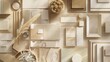 Flat lay design of creative architect moodboard composition with samples of building beige textile and natural materials and personal accessories Top view template : Generative AI