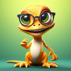 Sticker - young gecko in glasses looks happy and smile cartoon style сreated with Generative Ai