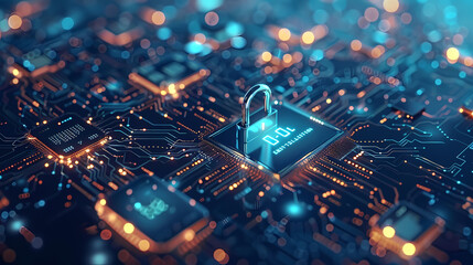 Cybersecurity services concept or secure connection of digital privacy closeup and safety lock blue design - AI Generative