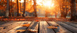 Autumn Table Orange Leaves And Wooden Plank At Sunset