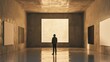 An art curator using AI to analyze art patterns, in a stark, elegant gallery, styled as contemporary art minimalism.