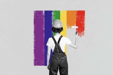 Sticker - Composite trend artwork image photo collage of black white image woman painter staff back draw rainbow on wall hold in hand roll