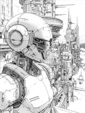 Fototapeta Paryż - Awesome Robot in the future world. Coloring page book for kids and everyone.