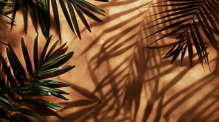 Aufkleber - Shadows of tropical leaves of a palm tree on a brown background Top view flat lay Banner : Generative AI