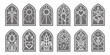 Church glass windows. Stained mosaic catholic and christian frames with cross. Vector gothic medieval outline arches isolated on white background