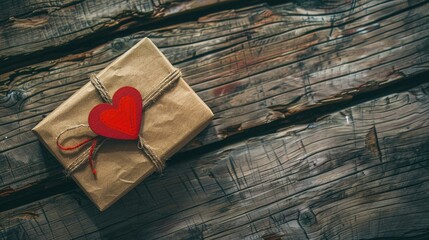 Canvas Print - A Valentine s Day gift wrapped in charming kraft paper accompanied by a vibrant red card and a heart motif rests gracefully on a rustic wooden table