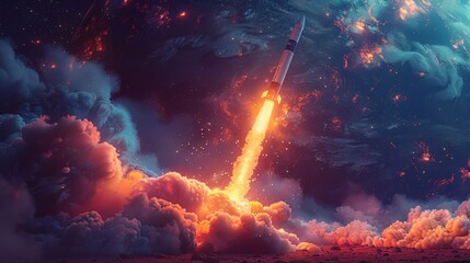 Wall Mural - Rocket Launch from Mobile Platform. Hypersonic Missile Launch with Smoke and Fire. Advanced Weapon Technology Concept. Military Defense System. Hypersonic missiles, Missile defense systems