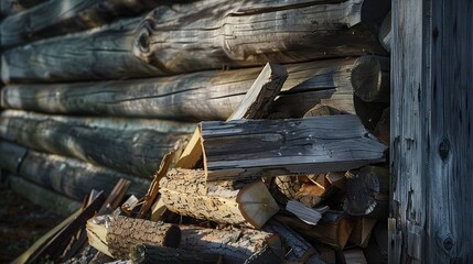 Poster - Firewood stacked near the wooden wall of old hut Many chopped logs of firewood close up : Generative AI