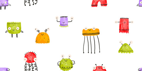 Wall Mural - seamless pattern with cartoon monsters. halloween background. cartoon monster. cute baby funny illus