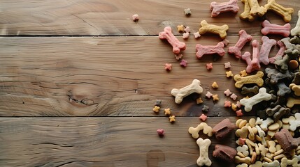 Dry dog food and treats chew bones on wooden floor flat lay : Generative AI