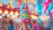 Playful image of a hand clutching a colorful melted ice cream against a blurred fun fair background, bright and festive, studio lighting
