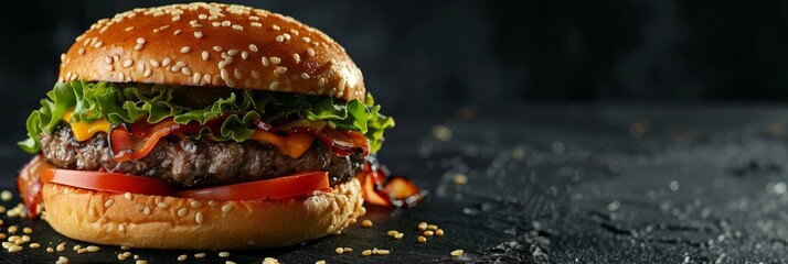 Wall Mural - A hamburger with lettuce and tomato on top of a bun. The bun is toasted and has a few sesame seeds on it