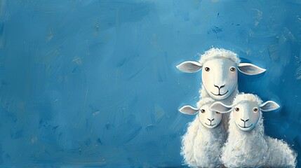 Wall Mural - Sheep family illustration on blue, for Eid al Adha. Includes text space for messages.