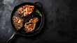Grilled pork steak in frying pan on black background with copy space Top view flat lay food : Generative AI