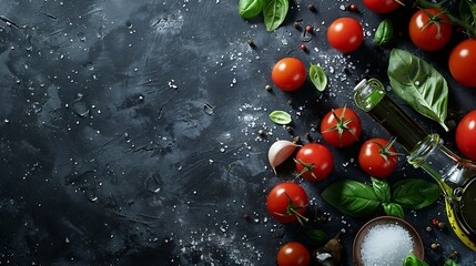 Black cooking background with useful cooking italian Mediterranean ingredients  tomatoes basil leaves greens olive oil salt pepper garlic flat lay black concrete table top view copy sp : Generative AI