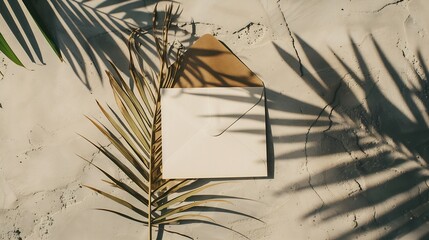 Aufkleber - Summer stationery still life Closeup of blank card mockup and craft envelope on dry palm leaf Grunge beige concrete background Flat lay top view tropical vacation concept Moody boho de : Generative AI
