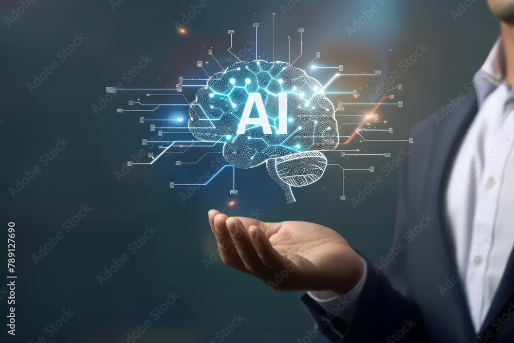 A businessman holds his hand with a digital brain and AI icon hovering ...