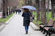 Woman with umbrella walking on city street. Rainy weather in spring park