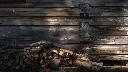 Poster - Firewood stacked near the wooden wall of old hut Many chopped logs of firewood close up : Generative AI