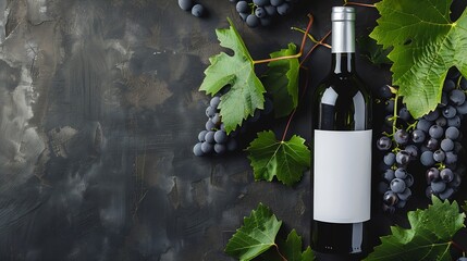 Red wine bottle with white label mockup with bunch of Primitivo grape green fall grapes leaves Concept wine flat lay backgroud : Generative AI