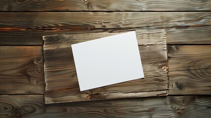 Poster - Minimal wooden desk workplace with blank paper Flat lay textured natural wooden background Vintage copy space for creative design and advertising Close up A4 format paper on wooden sur : Generative AI