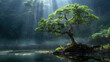 mystical tree by thew lake, forest sun beam serene ponds - by generative ai