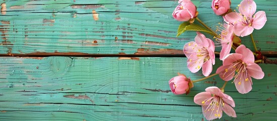 Canvas Print - Spring blooms set against a vibrant green wooden backdrop.