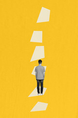 Wall Mural - vertical creative collage poster standing young man climb upwards stairs ladder top improvement self